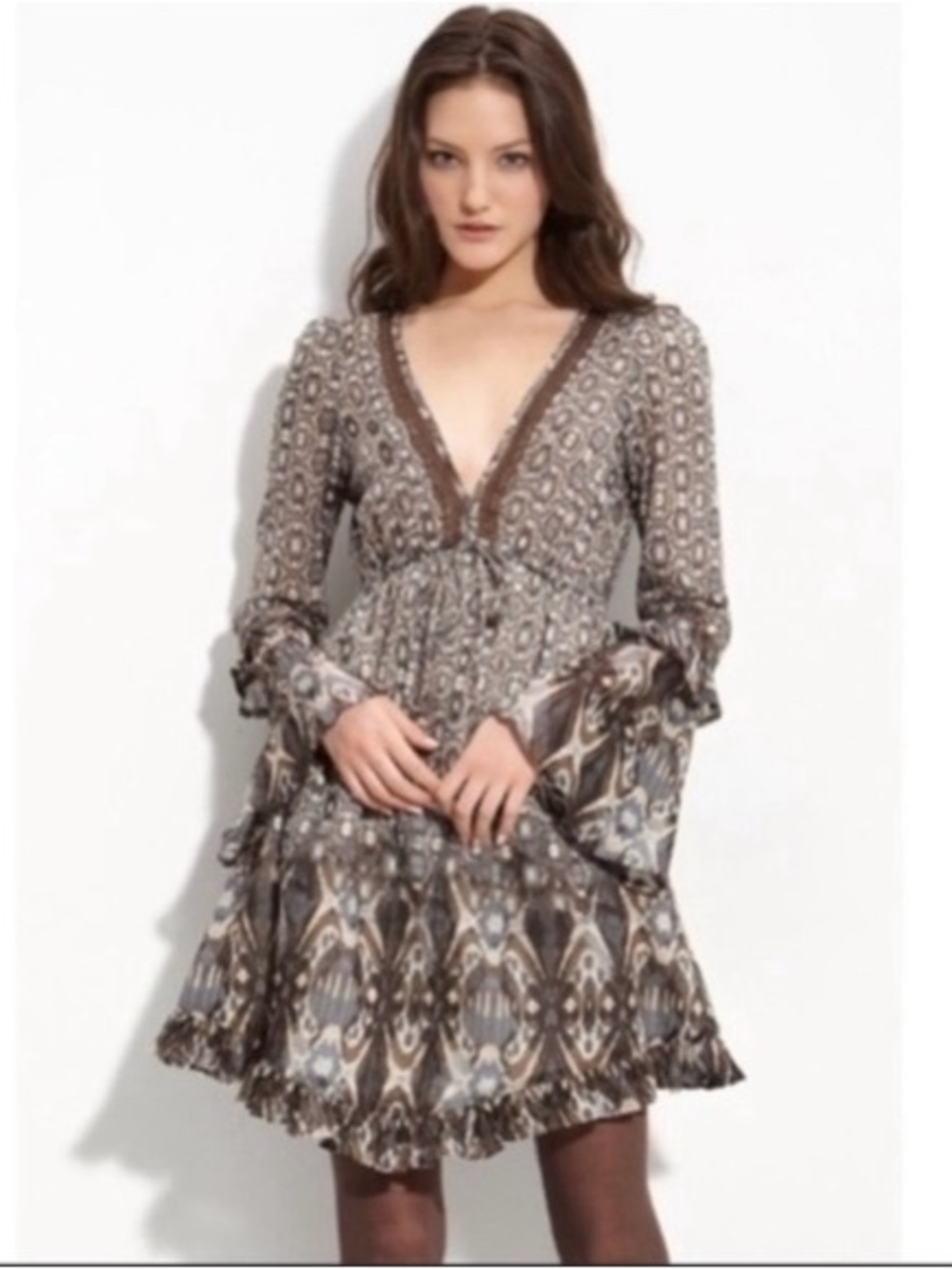 Sanctuary Ikat Silk Blend Boho Bell Sleeve Dress Crochet Detail Festival